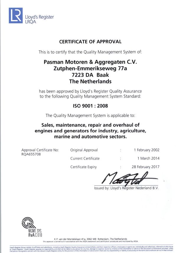 ISO-certificate Pasman Motoren & Aggregaten Lloyd's ISO certificate